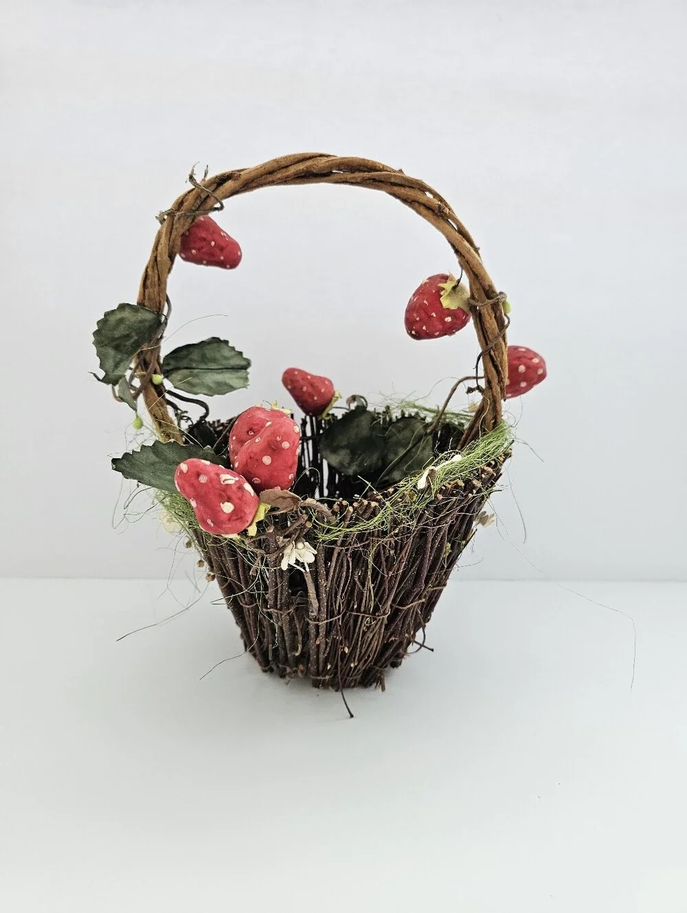 Rustic Cottagecore Strawberry Twig Basket Grapevine Handle Woodland Decor